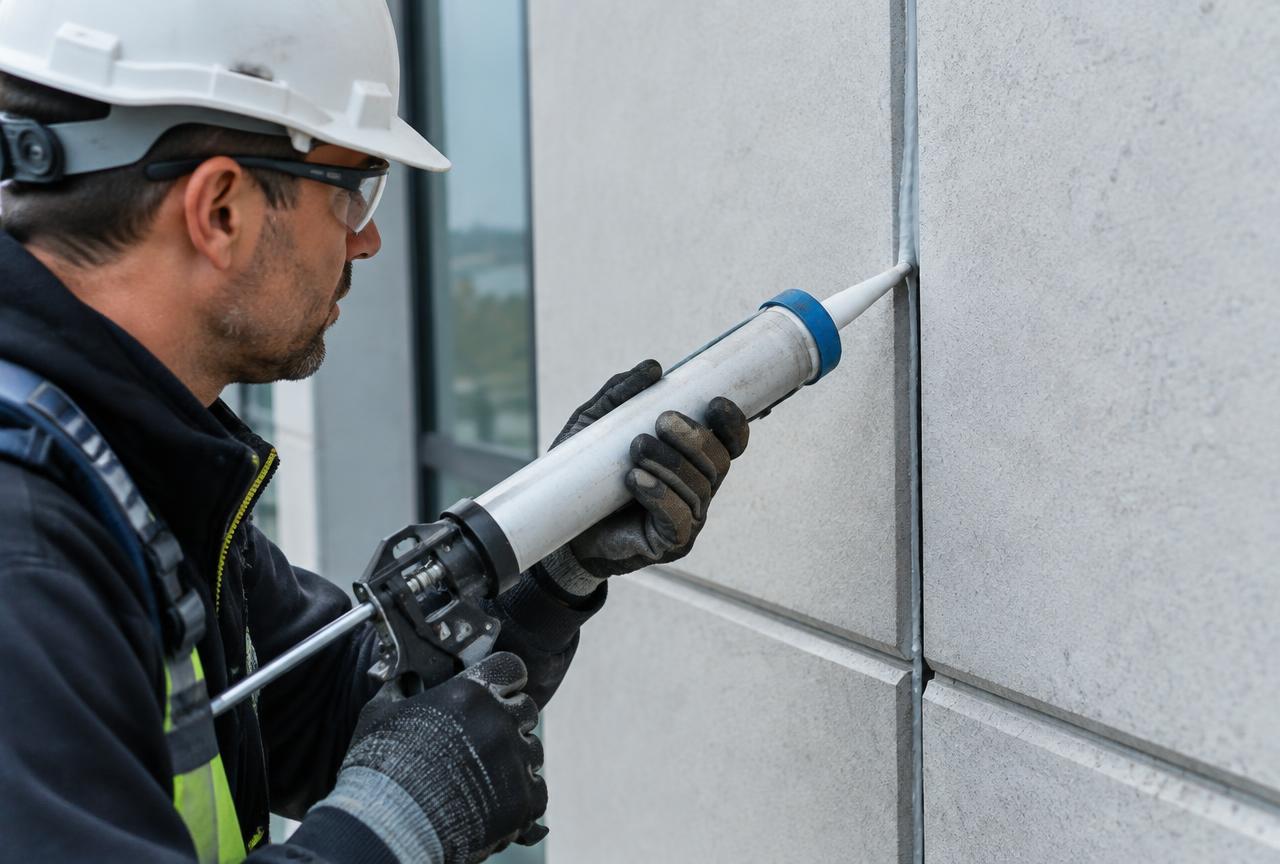 Tradesperson applying sealant to a building façade joint