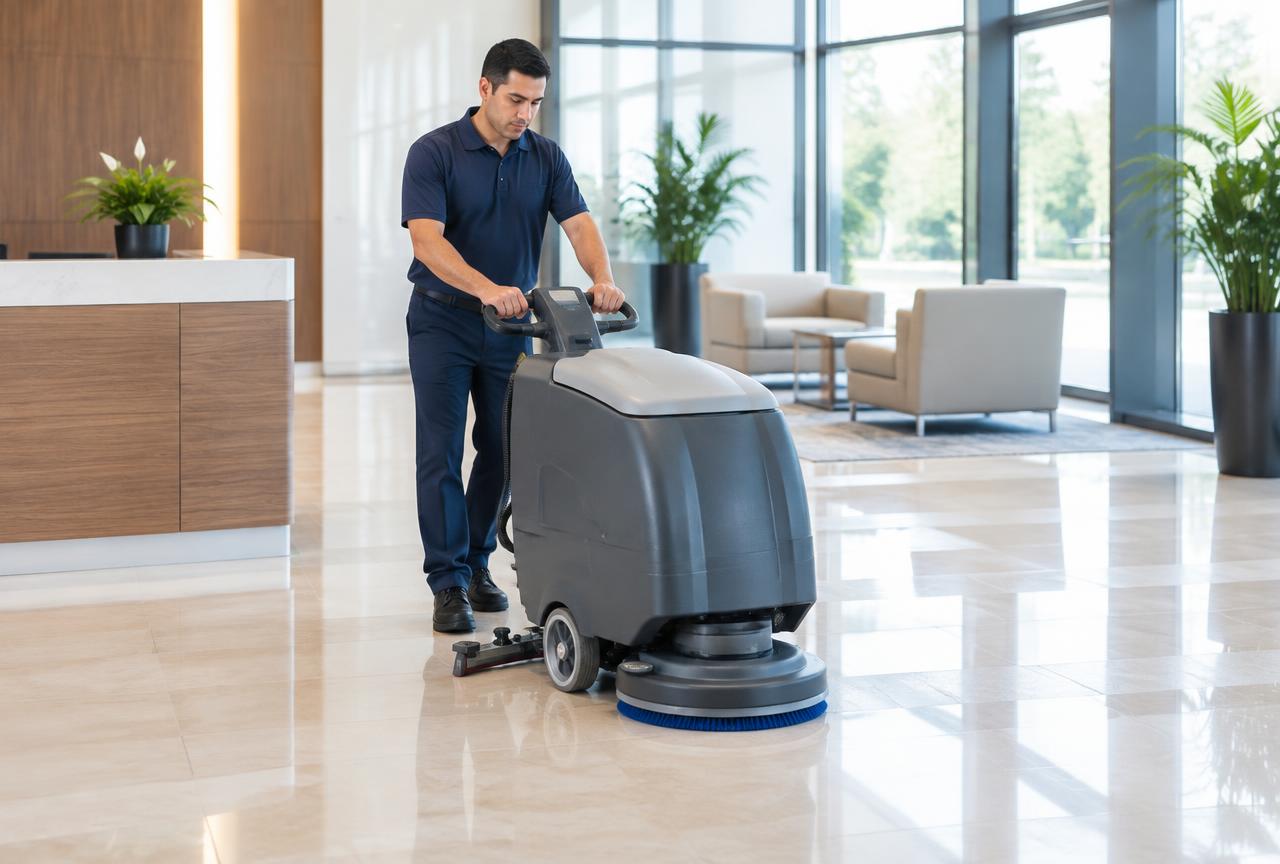 Cleaning operator using a floor scrubber in a modern office lobby