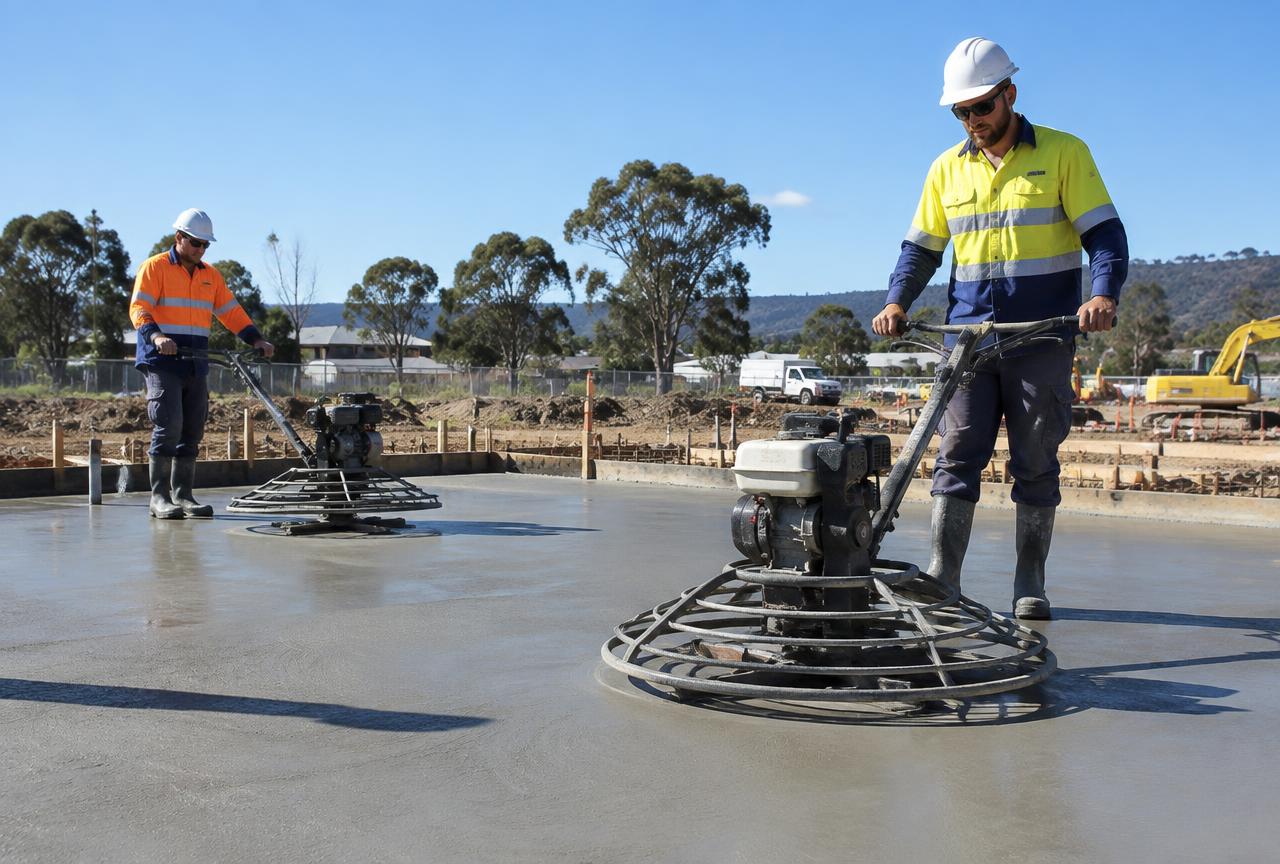 Concreters power-trowelling a freshly poured slab on a construction site