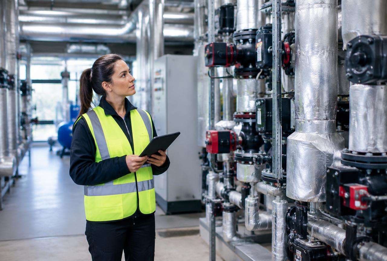 Facility manager inspecting building services plant in a commercial building