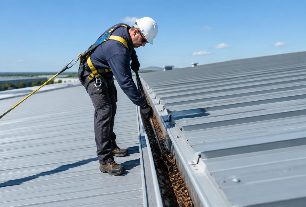 Worker in a safety harness cleaning gutters on a commercial roof