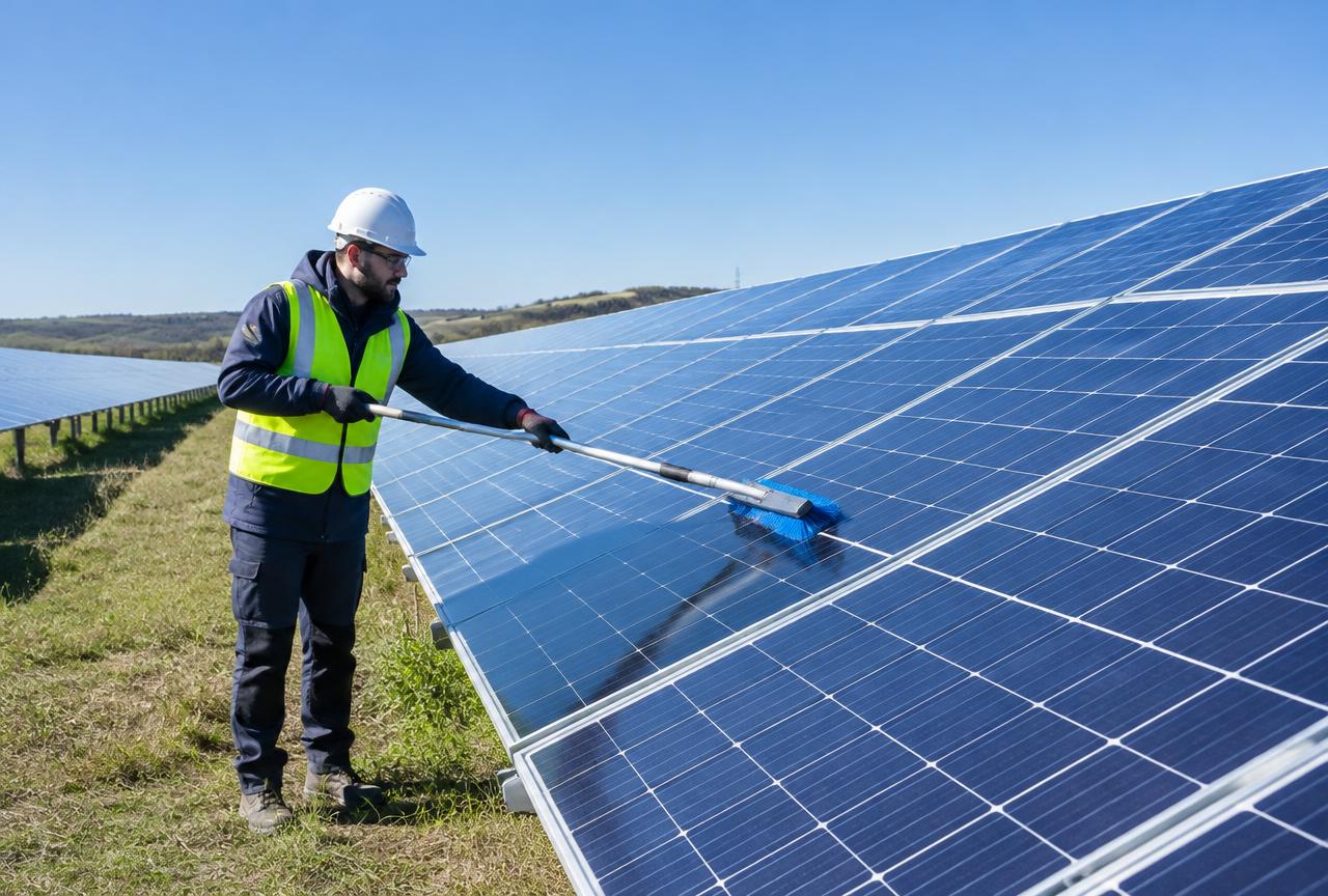Solar panel array being maintained at a solar farm