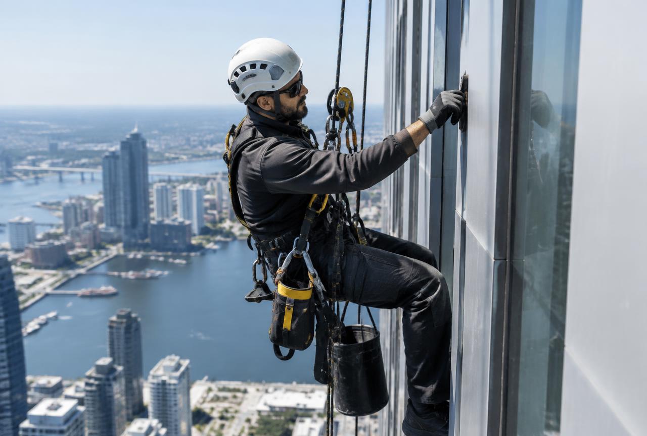 Rope access technician abseiling down the façade of a high-rise building
