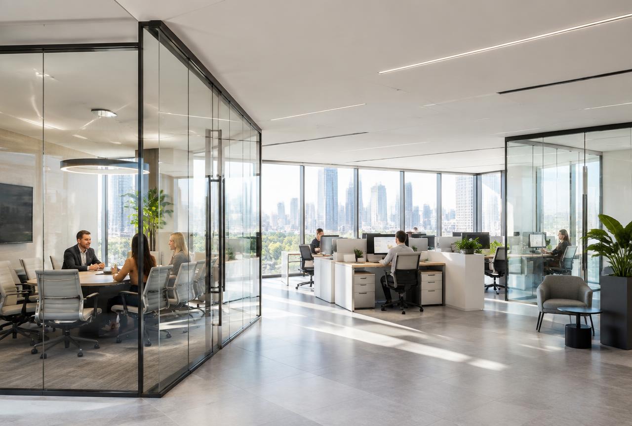 Modern commercial office interior with glass meeting rooms
