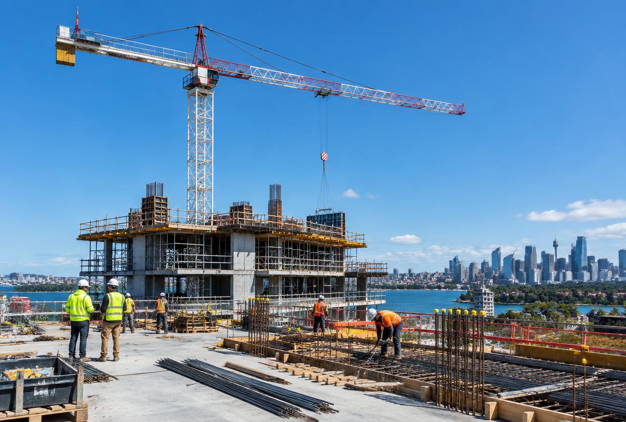 Commercial construction site with tower crane