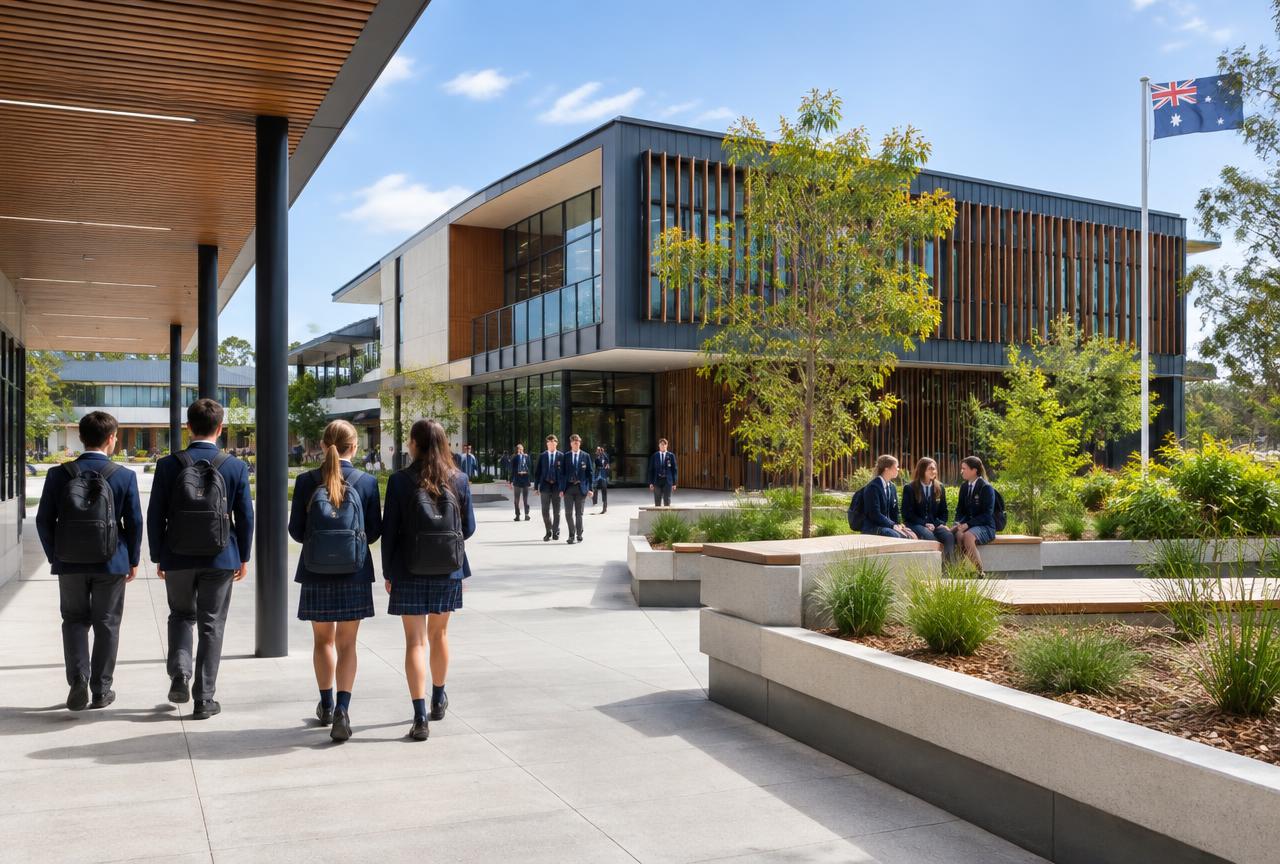 Modern school campus courtyard with students