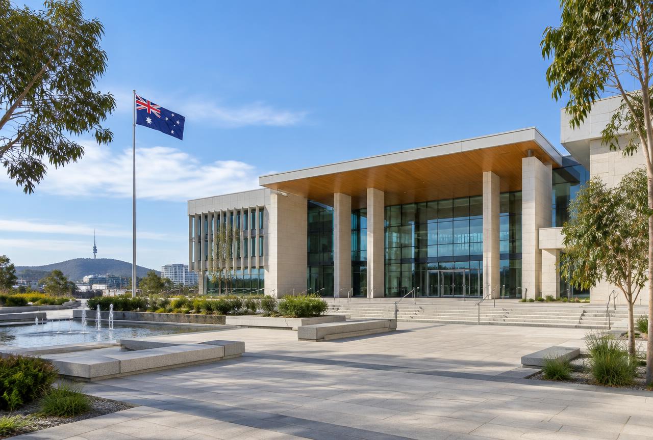 Civic government building exterior with public plaza