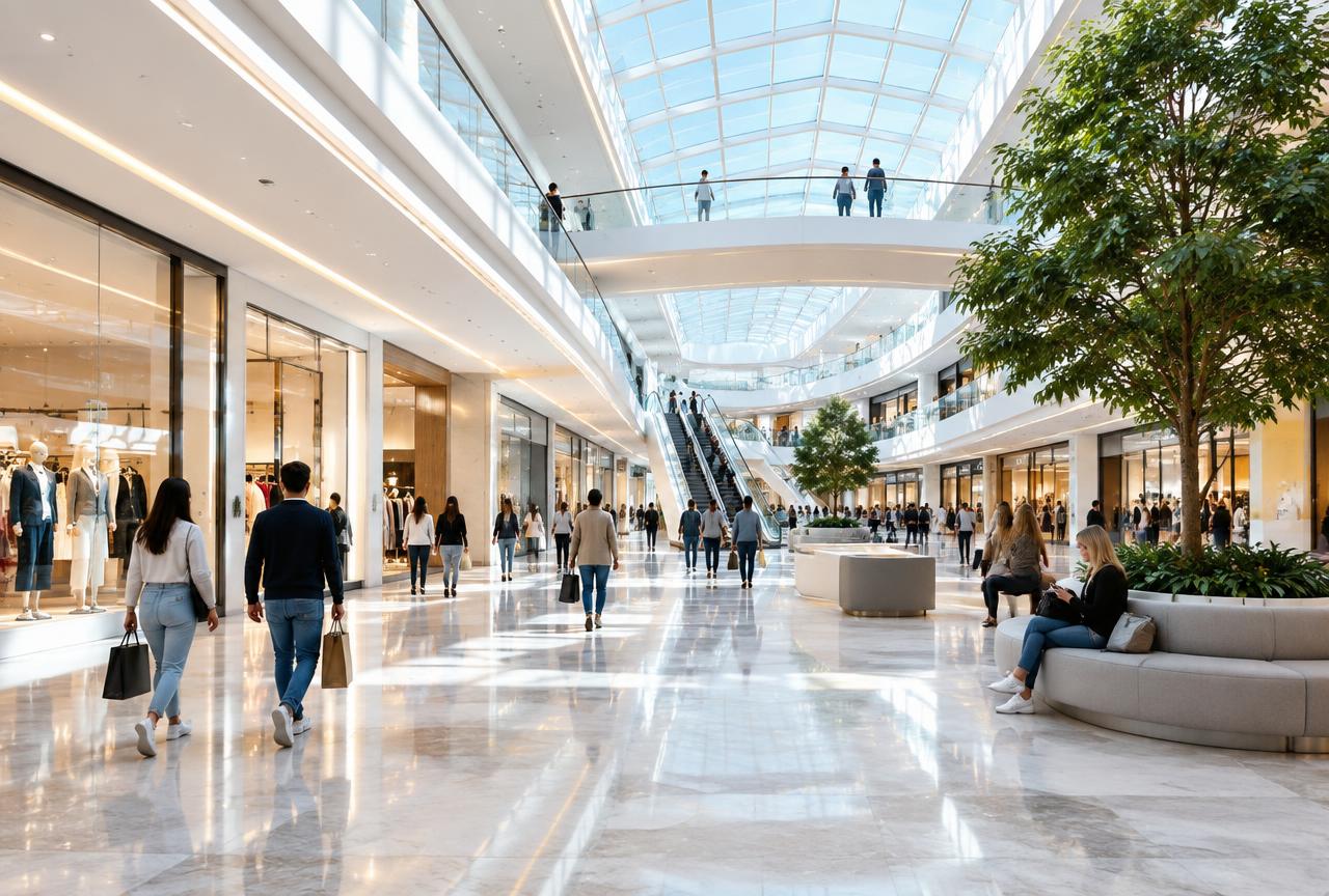 Bright shopping centre atrium with shoppers